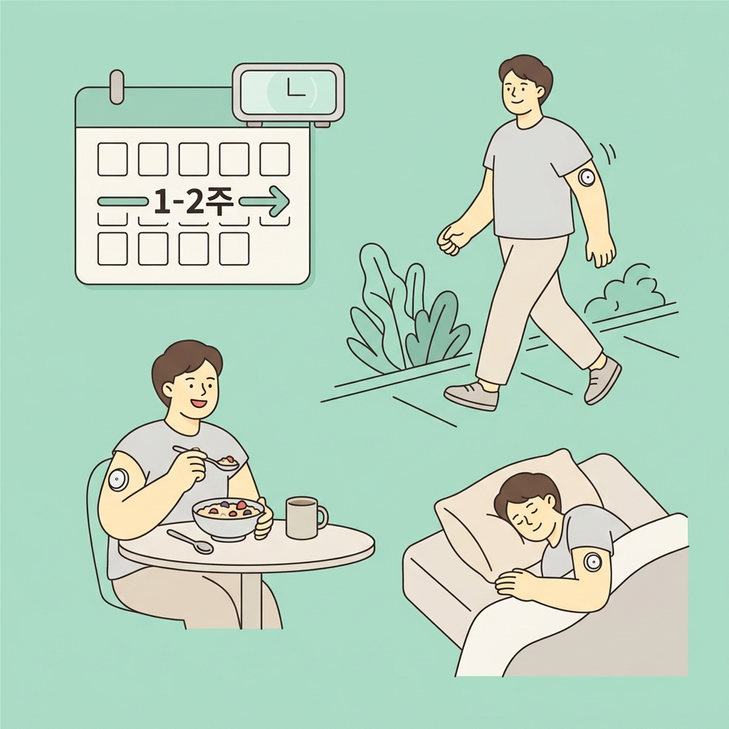 일상에서 센서를 착용한 채로 식사, 운동, 수면을 하는 모습