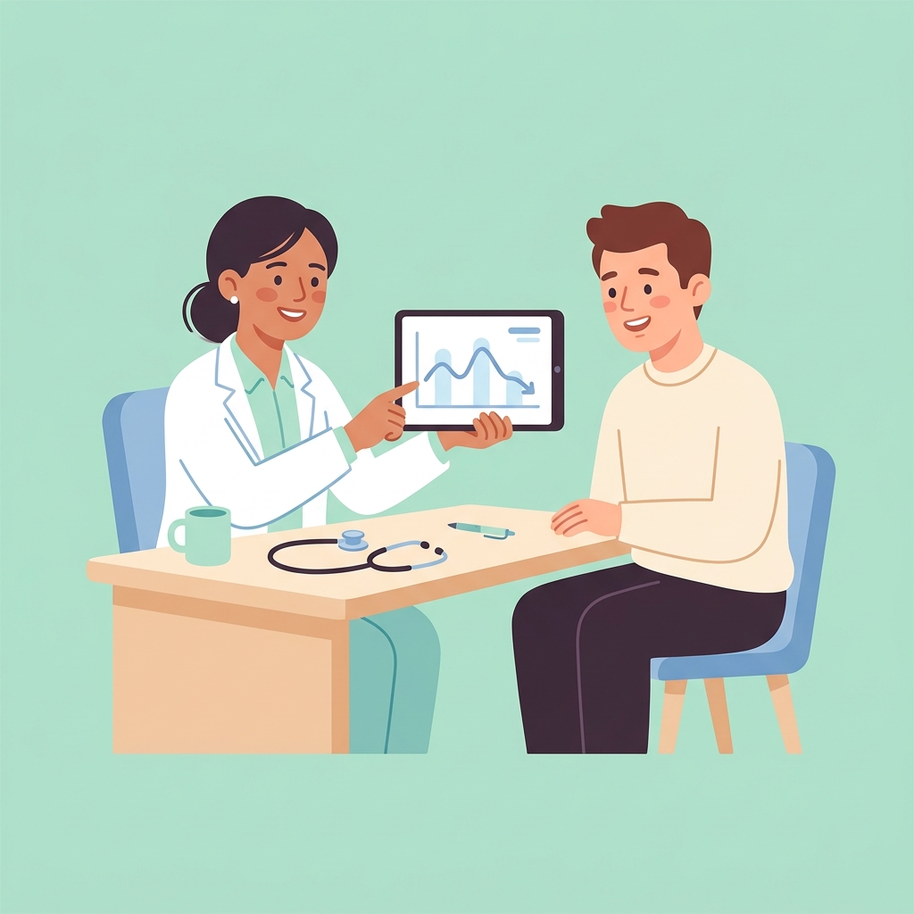 의료진이 태블릿으로 혈당 데이터를 보며 환자와 상담하는 장면
