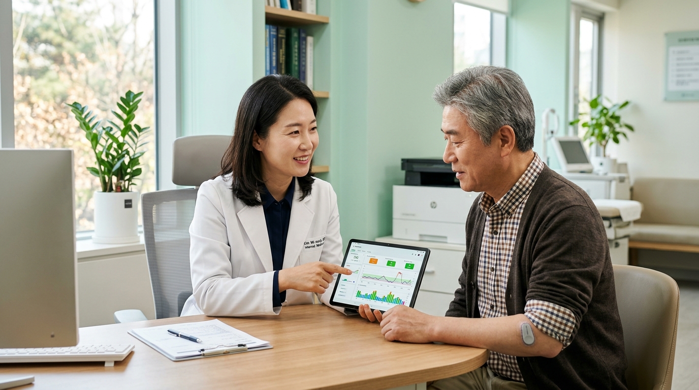 세란내과 내과 전문의가 환자와 바로잰 혈당 데이터를 보며 상담하는 장면