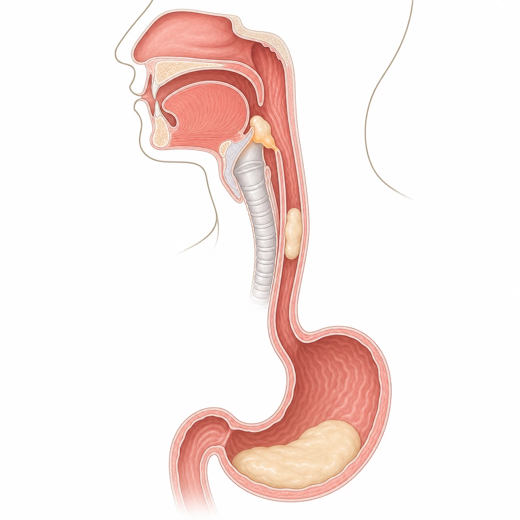 위에 남은 내용물이 식도를 거슬러 올라와 기도 입구에 이르는 과정을 나타낸 옆면 단면 그림