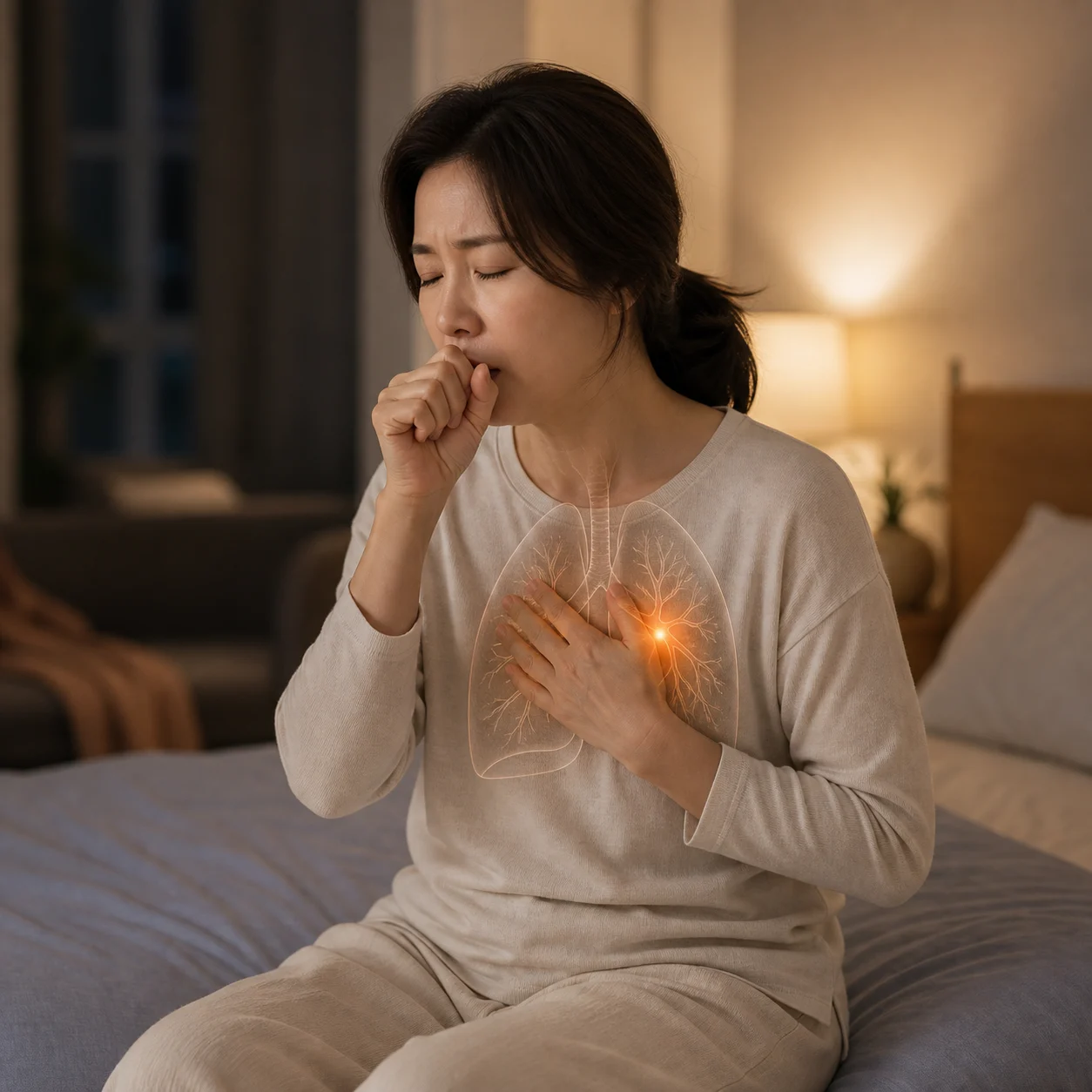 기침을 하며 가슴에 손을 얹은 여성 - 만성 기침