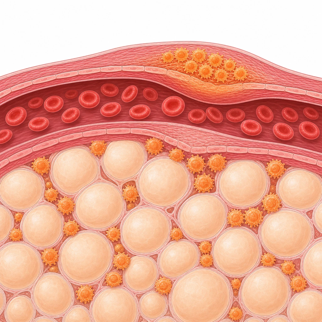내장지방층에서 나온 염증세포가 혈관벽에 달라붙어 벽이 도톰해진 확대 단면 그림