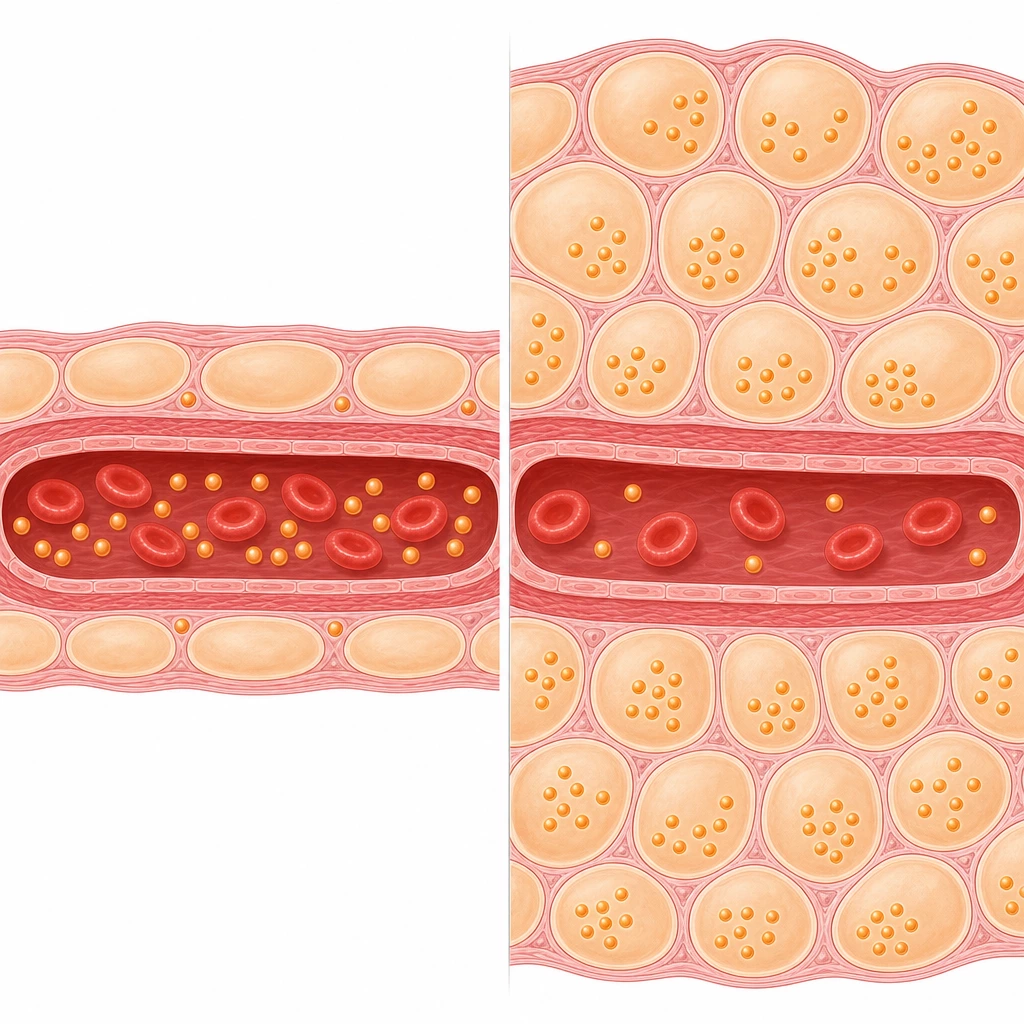 지방이 적을 때와 내장지방이 많을 때 혈액 속 비타민D 양을 비교한 확대 단면 그림