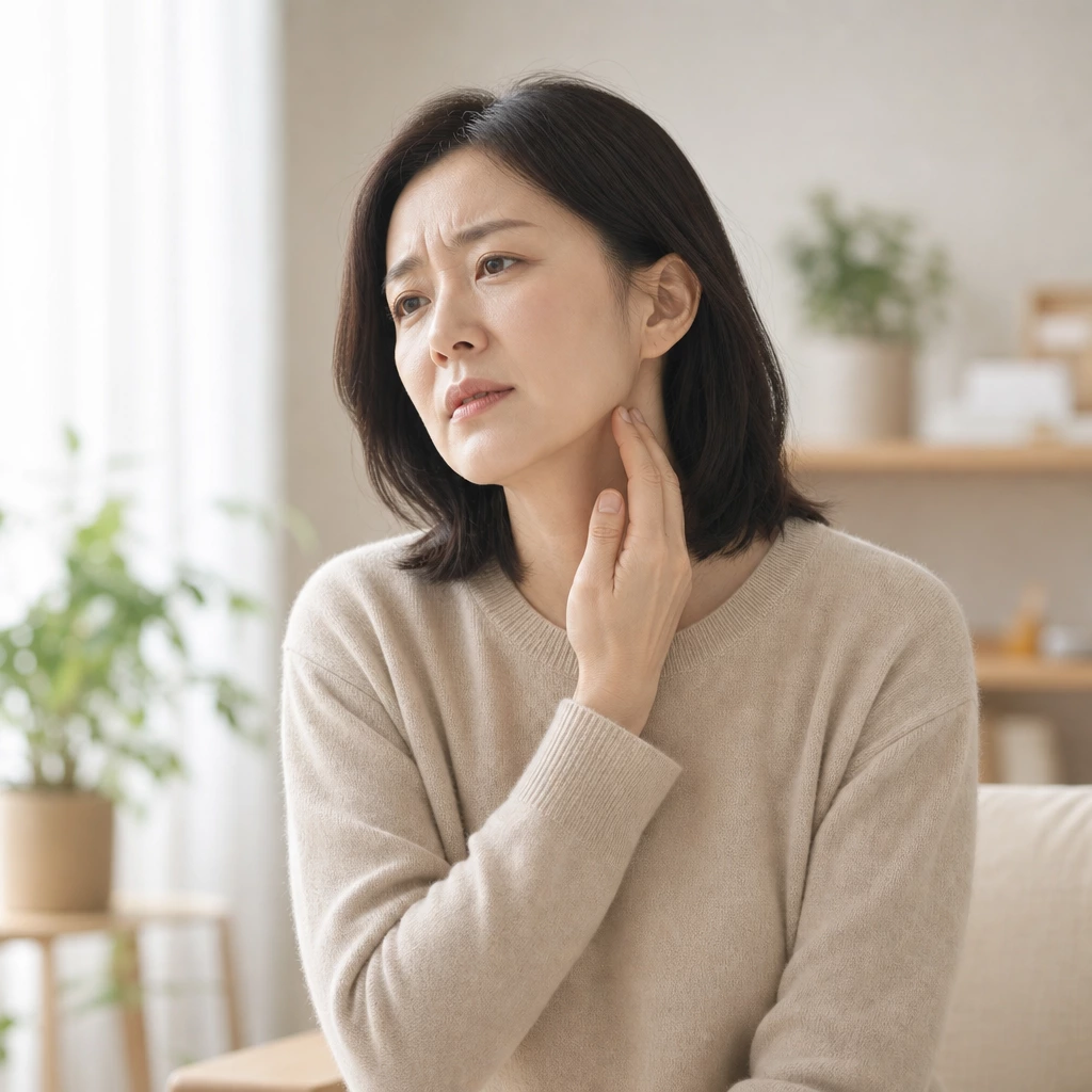 목을 만져보며 걱정하는 여성