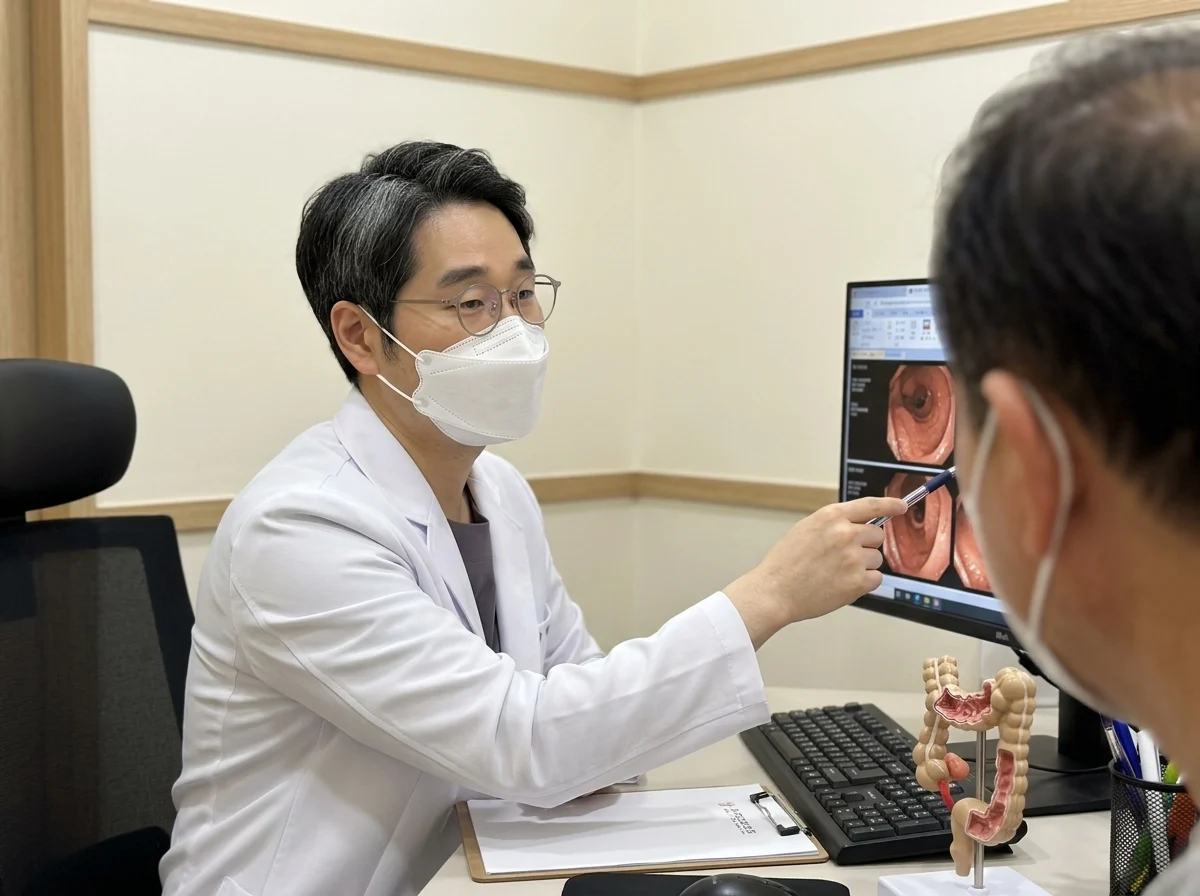 세란내과 박현성 원장이 검사 영상을 보며 결과를 설명하는 상담 사진