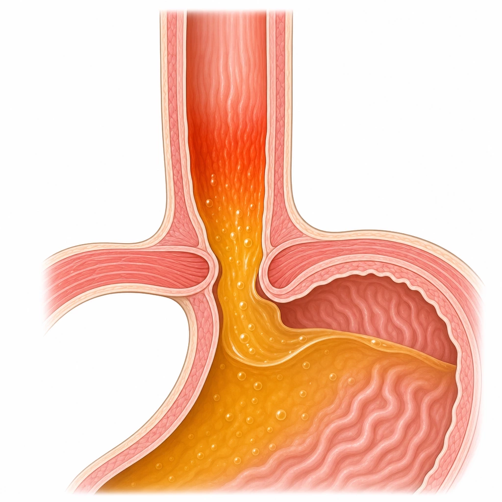 위 내용물이 식도 아래쪽으로 역류하는 과정을 표현한 단면 도판