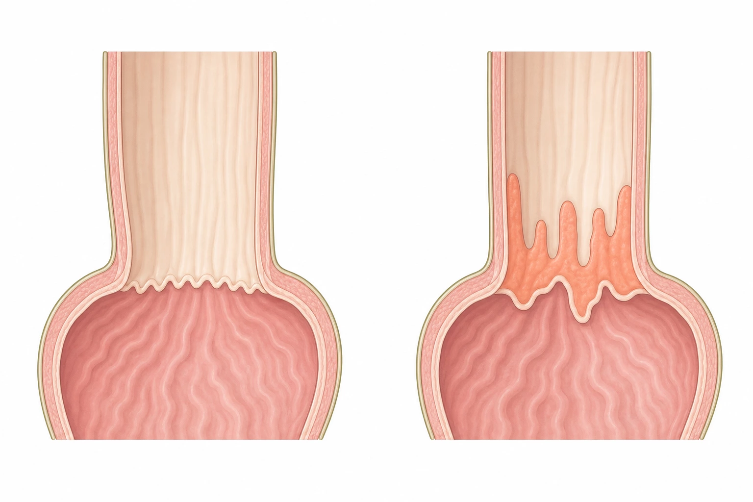 정상 식도위 접합부와 연어살빛 점막이 식도 쪽으로 올라온 바렛식도를 좌우로 비교한 일러스트