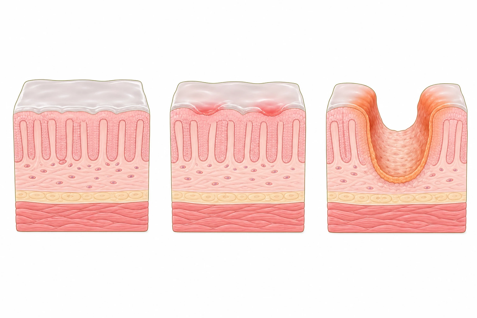 정상 위 점막, 얕게 파인 미란, 점막 아래까지 파인 궤양을 좌우로 비교한 위 점막 단면 일러스트