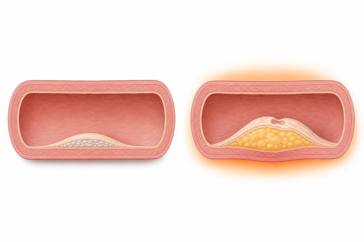 왼쪽은 단단한 석회화 플라크가 낮게 붙은 혈관, 오른쪽은 얇은 막 아래 지방이 차 있고 표면이 고르지 않은 플라크가 붙은 혈관을 비교한 단면 도판