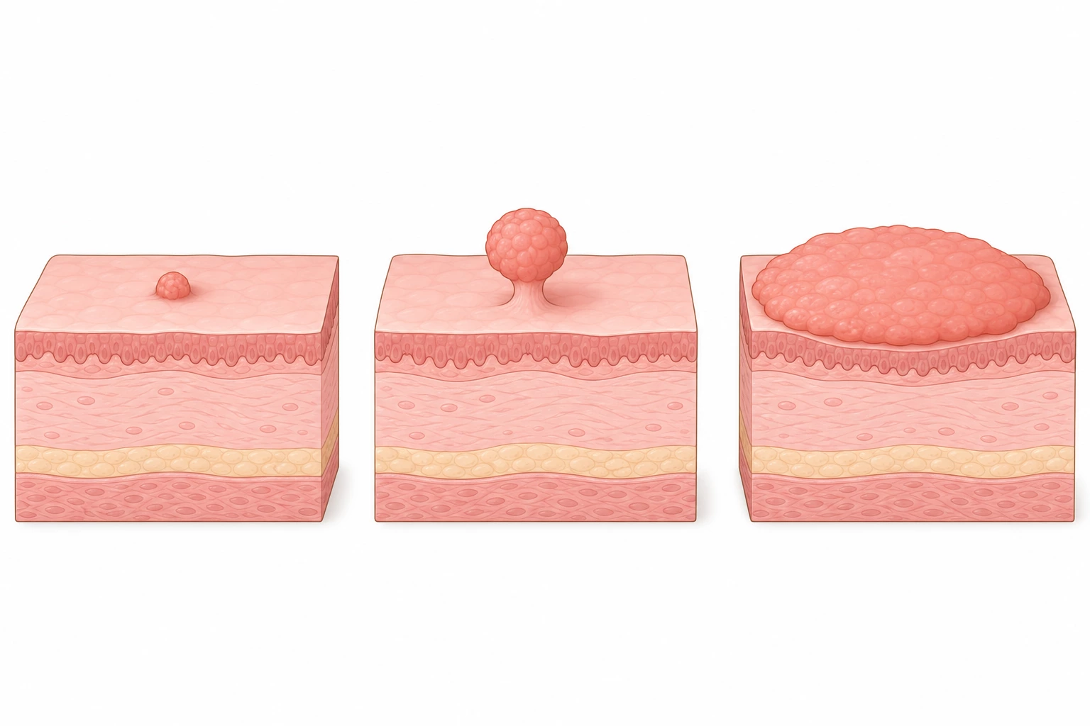 대장 점막 블록 세 개에 아주 작은 용종, 줄기가 있는 중간 크기 용종, 넓고 납작하게 퍼진 큰 용종을 차례로 나란히 놓은 도판